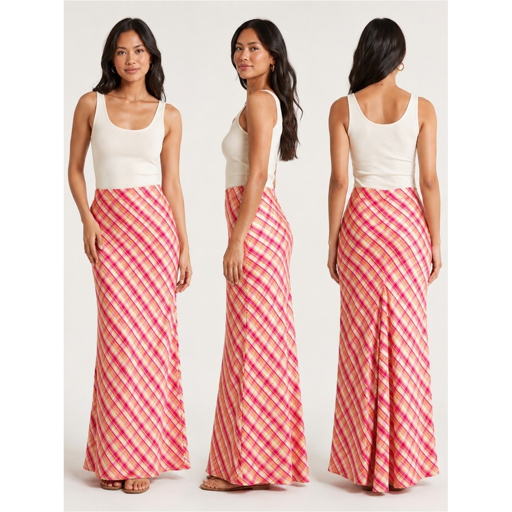 Vintage Silk Skirt Mermaid Fishtail Bias Plaid Maxi Pink Glam Evening Preppy 14